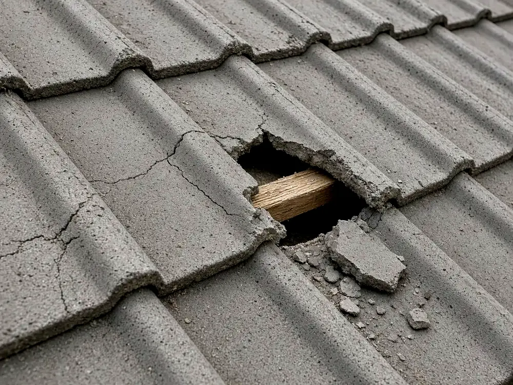 Tiled roof with broken tiles before